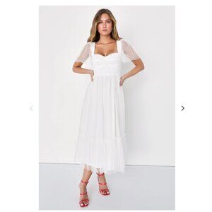 Lulu's Dreamy Celebration White Tulle Bustier Swiss Dot Midi Dress